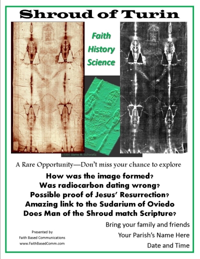 Sample invitational flyer for Shroud of Turin, Sudarium of Oviedo, and Tunic of Argenteuil
